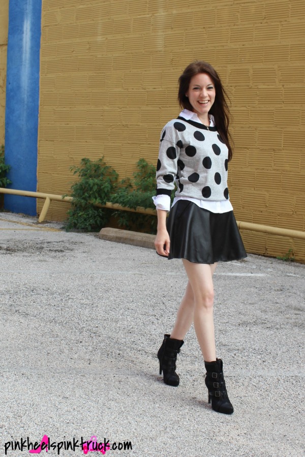 Polka Dot Sweater (Rue21), White Button-up Shirt (Rue21), Leather Skirt (Marshalls), Black Booties (JustFab.com)