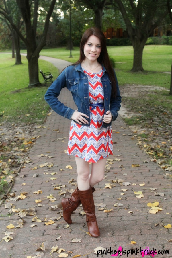 Chevron Dress from Threads & Souls, Denim Jacket from Old Navy, Boots from JustFab.com