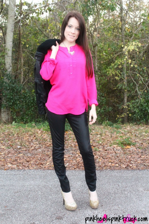 Leather Bomber Jacket with Pink Flowy Blouse paired with Leather Pants and Gold Sparkly High Heels