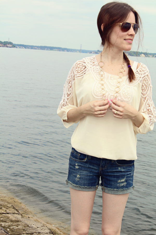 Loving this Country Girl Fashion!! Creamy Crochet Top from Forever 21, Denim Cutoff Shorts from Target