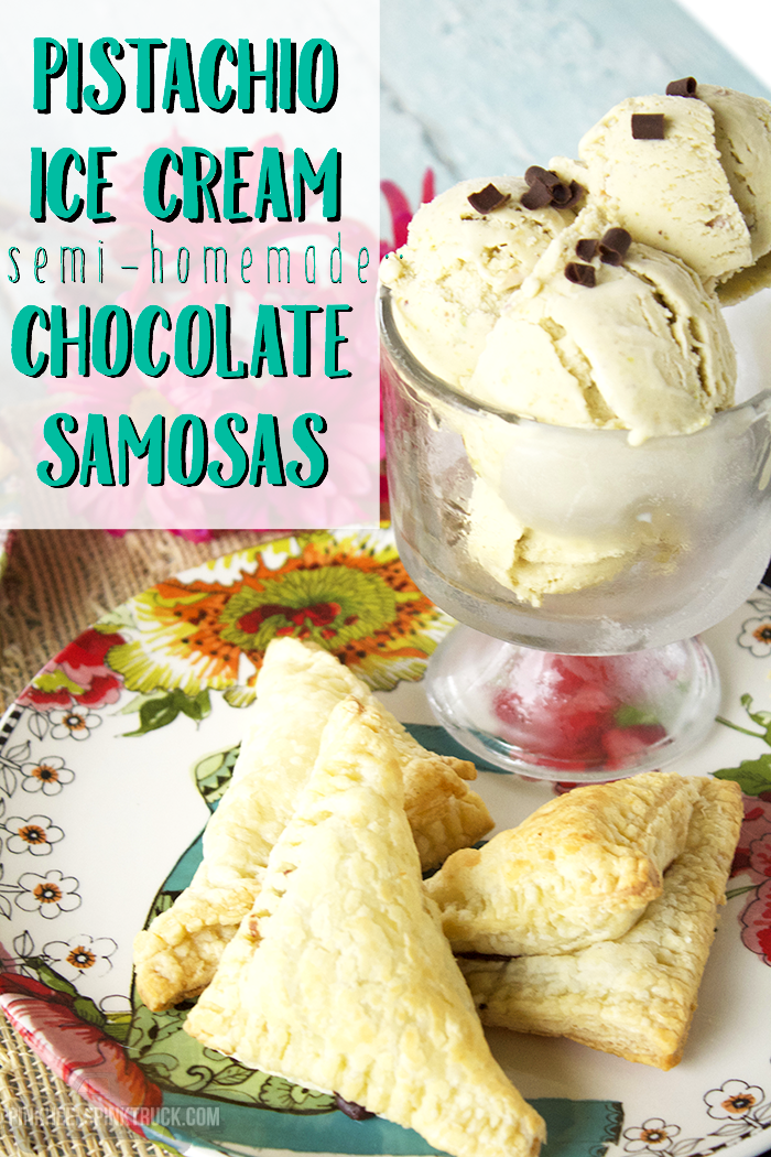 Next time you plan on making some homemade ice cream, try this Pistachio Ice Cream! And add these Semi-Homemade Chocolate Samosas! So GOOD!